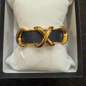 Vintage Hermes Blue Leather Criss Cross Bangle Bracelet